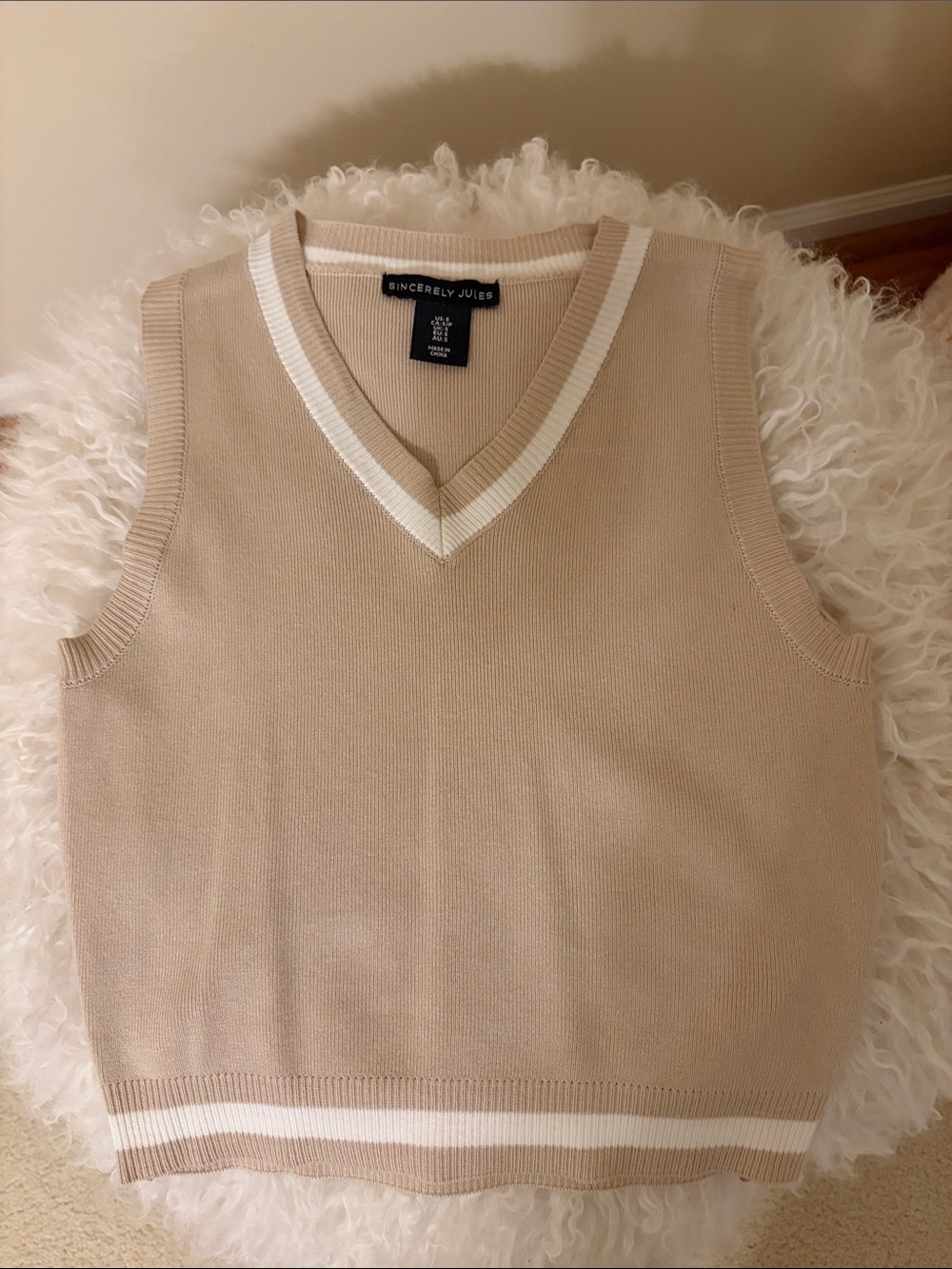 Sincerly Jules Beige V-Neck Sweater Vest with White Trim
